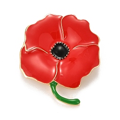 Red Alloy Brooches, with Rhinestone and Enamel, Remembrance Poppy Flower Badge, Red, 48x38x9mm