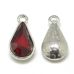 Red Alloy Glass Pendants, Faceted, teardrop, Platinum, Red, 18x10x5mm, Hole: 2mm