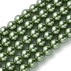 Vert Olive Foncé Brins de perles rondes en verre teinté écologique, cordon en coton fileté, vert olive foncé, 8mm, Trou: 0.7~1.1mm, Environ 52 pcs/chapelet, 15 pouce