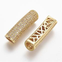 Golden Brass Micro Pave Cubic Zirconia Tube Beads, Tube, Large Hole Beads, Hollow, Clear, Golden, 30x8.5x8mm, Hole: 5mm