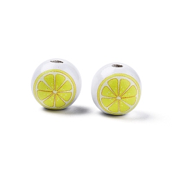 Citron Perles en bois imprimées sur le thème de l'été, ronde, jaune, motif de citron, 15.5~16x15mm, Trou: 3.5mm