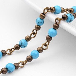 Deep Sky Blue Handmade Round Synthetic Turquoise Beads Chains for Necklaces Bracelets Making, with Iron Eye Pin, Unwelded and Brass Spacer Beads, Antique Bronze, Deep Sky Blue, 39.37 inch(1m)