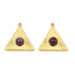 Amethyst Natural Amethyst Pendants, Ion Plating(IP) 316 Stainless Steel Triangle Charms, Real 24K Gold Plated, 21.5x21.5x5mm, Hole: 1.6mm