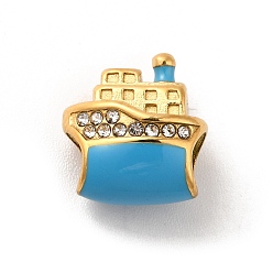 Golden Ion Plating(IP) 304 Stainless Steel Enamel European Beads, with Rhinestone, Large Hole Beads, Steamship, Golden, 13.5x11.5x7.5mm, Hole: 4.5mm