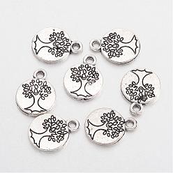 Antique Silver Tibetan Style Alloy Flat Round with Tree Charms, Cadmium Free & Lead Free, Antique Silver, 14.8x11.5x1.5mm, Hole: 2mm, about 625pcs/500g
