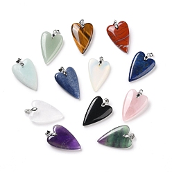 Mixed Stone Natural & Synthetic Gemstone Pendants, with Rack Plating Platinum Plated Brass Findings, Long-Lasting Plated, Mixed Dyed and Undyed, Heart, 32~34x20x8mm, Hole: 4x4mm