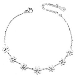 Stainless Steel Color SHEGRACE Fabulous Stainless Steel Anklets, with Flowers and Lobster Claw Clasps(Chain Extenders Random Style), Stainless Steel Color, 7-7/8 inch(20cm)