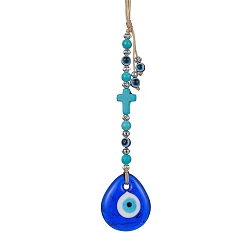 Teardrop Decoraciones colgantes de resina azul mal de ojo, cruz de turquesa sintética ojo de la suerte con cuentas de cristal, lágrima, 220~310 mm, colgante: 120x30x7 mm