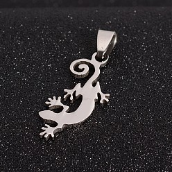 Stainless Steel Color Boy Jewelry Original Color 201 Stainless Steel Pendants, Gecko Silhouette, Stainless Steel Color, 36x16x1.5mm, Hole: 4x9mm