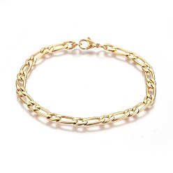 Golden Ion Plating(IP) 304 Stainless Steel Figaro Chain Bracelets, with Lobster Claw Clasps, Golden, 8-1/4 inch(21cm), 5mm