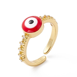 Red Evil Eye Enamel & Clear Cubic Zirconia Open Cuff Ring, Real 18K Gold Plated Brass Lucky Jewelry for Women, Lead Free & Cadmium Free, Red, US Size 5(15.7mm)