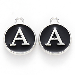 Letter A Platinum Plated Alloy Charms, Cadmium Free & Lead Free, with Enamel, Enamelled Sequins, Flat Round with Letter, Letter.A, 14x12x2mm, Hole: 1.5mm