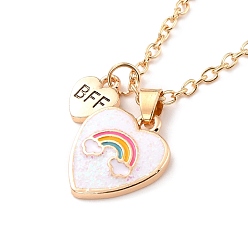 Pink BFF/Best Friends Forever Alloy Pendant Necklaces, Enamel Glitter Powder Heart & Rainbow Necklace, Golden, Pink, 18.18 inch(46.2cm), 1.7mm