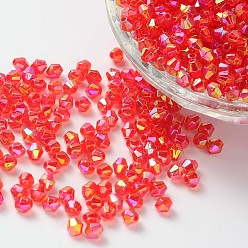 Rouge Perles acryliques transparentes écologiques plaquées couleur bicône ab, facette, rouge, 4x4mm, trou: 1 mm, environ 16600 pcs / 500 g
