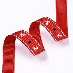 Orange Red Single Face Anchor & Star Printed Polyester Grosgrain Ribbon, Orange Red, 3/8 inch(10mm), about 100yards/roll(91.44m/roll)