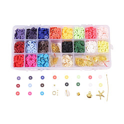 Golden DIY Jewelry Kits, with Handmade Polymer Clay Heishi Beads, Alloy Pendants, Elastic Thread, Brass Spacer Beads & Ball Head Pins & Jump Rings, Cowrie Shell Beads and Scissors, Golden, 6x1mm, Hole: 1.5~2mm, about 3240~3600pcs/set