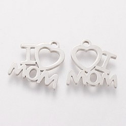 Stainless Steel Color Mother's Day 201 Stainless Steel Charms, Laser Cut, Word I Love Mom, Stainless Steel Color, 13.5x13x1mm, Hole: 1.5mm