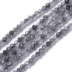 Noir Naturel noir quartz rutile brins de perles, facette, ronde, noir, 3~3.5x2.5~3mm, Trou: 0.3mm, Environ 114~141 pcs/chapelet, 15.1~16.4 pouce (38.4~41.8 cm)