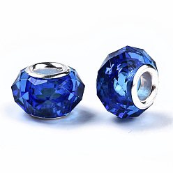 Синий Прозрачный полимер европейские шарики, имитационные кристаллические, бусины с большим отверстием, с двойных ядер серебрянного цвета, граненые, рондель, синие, 14x9.5 мм, отверстие : 5 мм