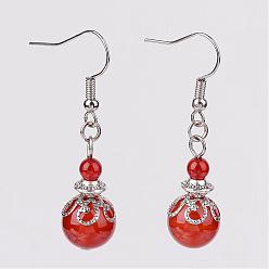 Carnelian Natural Carnelian Bead Dangle Earrings, with Brass Earring Hooks, Alloy and Iron Findings, Platinum, 42mm