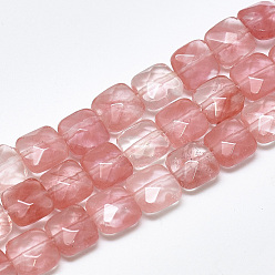 Quartz Cerise Perles de verre de quartz cerise brins, facette, carrée, 8~8.5x8~8.5x5mm, trou: 1mm, environ 25 pcs/chapelet, 8.0''