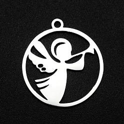 Stainless Steel Color 201 Stainless Steel Pendants, Laser Cut, Ring with Angel, Stainless Steel Color, 22x20x1mm, Hole: 1.6mm