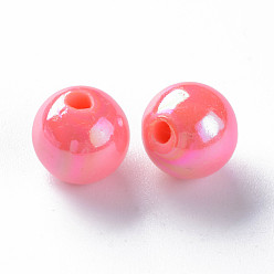 Saumon Perles acryliques opaques, de couleur plaquée ab , ronde, Saumon, 10x9mm, Trou: 2mm, environ940 pcs / 500 g