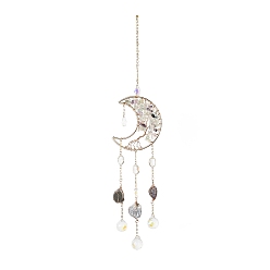 Mixed Stone Natural Fluorite Chips Beaded Moon with Tree of Life Hanging Sun Catchers, with Glass Teardrop, with Iron Findings, 415mm