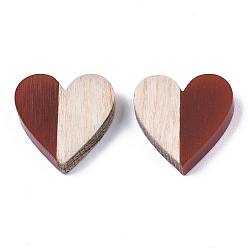 Rojo Oscuro Cabujones de resina y madera de dos tonos, corazón, de color rojo oscuro, 15x14.5x3 mm