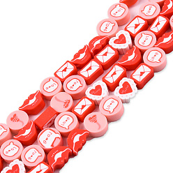 Red Handmade Polymer Clay Beads Strands, Flat Round with Word Love & Heart, Mouth and Letter, Red, 5.5~9.5x9~11x4~5mm, Hole: 1.6mm, about 40pcs/strand, 15.16 inch~15.55 inch((38.5~39.5cm)
