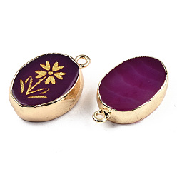 Purple Natural Agate Pendants, with Light Gold Plated Brass Edge & Iorn Loops, Gold Powder, Dyed & Heated, Oval with Flower Charm, Purple, 23~24x15~16.5x4~6.5mm, Hole: 1.6mm