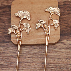 Light Gold Iron Hair Stick Findings, with Alloy Cabochons Setting, Leaf, Light Gold, 120x2.5mm, Tray: 6mm and 8mm and 10mm