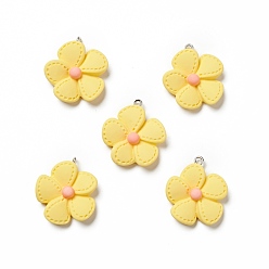 Champagne Yellow Opaque Resin Pendants, with Platinum Tone Iron Loops, 5-petal Flower Charm, Champagne Yellow, 29x25x7mm, Hole: 2mm