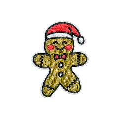 Gingerbread Man Parches autoadhesivos de tela de bordado computarizado con tema navideño, pegar en parche, accesorios de vestuario, apliques, hombre de pan de jengibre, 59x44 mm