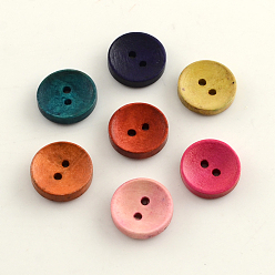 Color mezclado 2 hoyos de botones de madera teñidas, plano y redondo, color mezclado, 20x5 mm, Agujero: 2 mm, sobre 559 unidades / 500 g