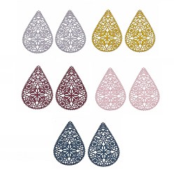 Mixed Color 430 Stainless Steel Filigree Pendants, Spray Painted, Etched Metal Embellishments, Teardrop with Flower, Mixed Color, 40x26.5x0.5mm, Hole: 1mm