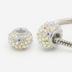 Cristal AB Rhinestone de résine de perles européennes, Perles avec un grand trou   , rondelle, de couleur métal platine , cristal ab, 15x10mm, Trou: 5mm