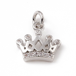 Platinum Brass Micro Pave Clear Cubic Zirconia Crown Charms, with Open Jump Rings, Platinum, 10x11x2.5mm, Jump Ring: 4.5x0.7mm, Inner Diameter: 3mm 