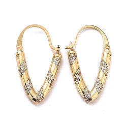 Real 18K Gold Plated V-shape Sparkling Cubic Zirconia Hoop Earrings for Her, Brass Micro Pave Cubic Zirconia Earrings, Real 18K Gold Plated, 29.5x16.5x3mm, Pin: 0.9mm