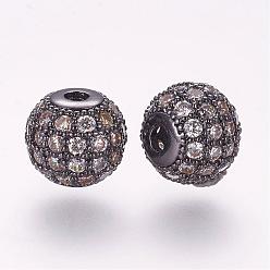 Gunmetal Brass Micro Pave Cubic Zirconia Beads, Round, Clear, Gunmetal, 8mm, Hole: 2mm