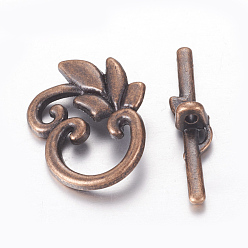 Red Copper Leaf Tibetan Style Toggle Clasps, Lead Free and Cadmium Free, Red Copper, Leaf: 19x24mm, Bar: 5.5x29.5mm, Hole: 1.6mm