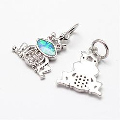 Blue Brass Micro Pave Cubic Zirconia Pendant, with Synthetic Opal, Frog, Platinum, Blue, 16x14x2mm, Hole: 4.5mm