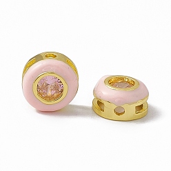 Pink Rack de latón chapado perlas de óxido de circonio cúbico, con esmalte, real 18 k chapado en oro, larga duración plateado, sin cadmio y níque y plomo, plano y redondo, rosa, 8x4.5 mm, agujero: 1.2 mm y 5.5x1.2 mm