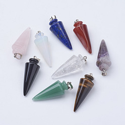Mixed Stone Natural & Synthetic Gemstone Pendants, with Platinum Tone Brass Findings, Cone/Spike/Pendulum, 43~45x16mm, Hole: 5x7mm