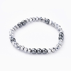 Non-magnetic Hematite Faceted Rondelle Electroplate Glass Stretch Bracelets, with Round Non-Magnetic Synthetic Hematite Beads, Platinum Plated, 2-1/8 inch(5.5cm)