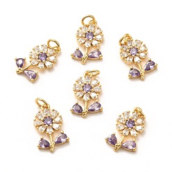 Real 18K Gold Plated Brass Micro Pave Lilac Cubic Zirconia Pendants, Long-Lasting Plated, Flower, Real 18K Gold Plated, 18x11x2.5mm, Hole: 3.5mm, Ring: 5x1mm