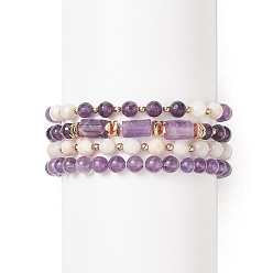 Mixed Stone 4Pcs 4 Style Natural Amethyst & White Crazy Agate & Brass Beaded Stretch Bracelets Set, Gemstone Stackable Bracelets for Women, Inner Diameter: 2-1/8 inch(5.5cm), 1Pc/style