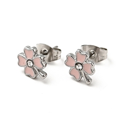 Pink Enamel Clover with Crystal Rhinestone Stud Earrings with 316 Surgical Stainless Steel Pins, Stainless Steel Color Plated 304 Stainless Steel Jewelry for Women, Pink, 8.5x7mm, Pin: 0.8mm