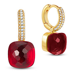Red SHEGRACE Brass Dangle Earrings, with Grade AAA Cubic Zirconia and Glass, Square, Real 18K Gold Plated, Red, 21mm
