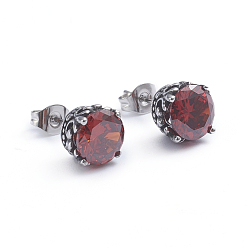 Antique Silver Retro 304 Stainless Steel Stud Earrings, with Cubic Zirconia and Ear Nuts, Crown, Red, Antique Silver, 8.5mm, Pin: 0.6mm